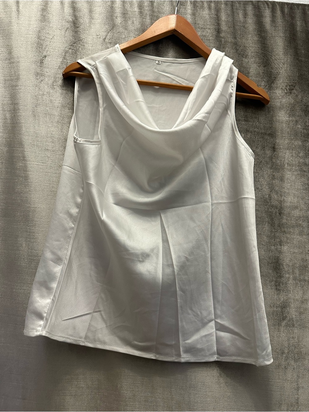 White silky cowl neck blouse, sleeveless
